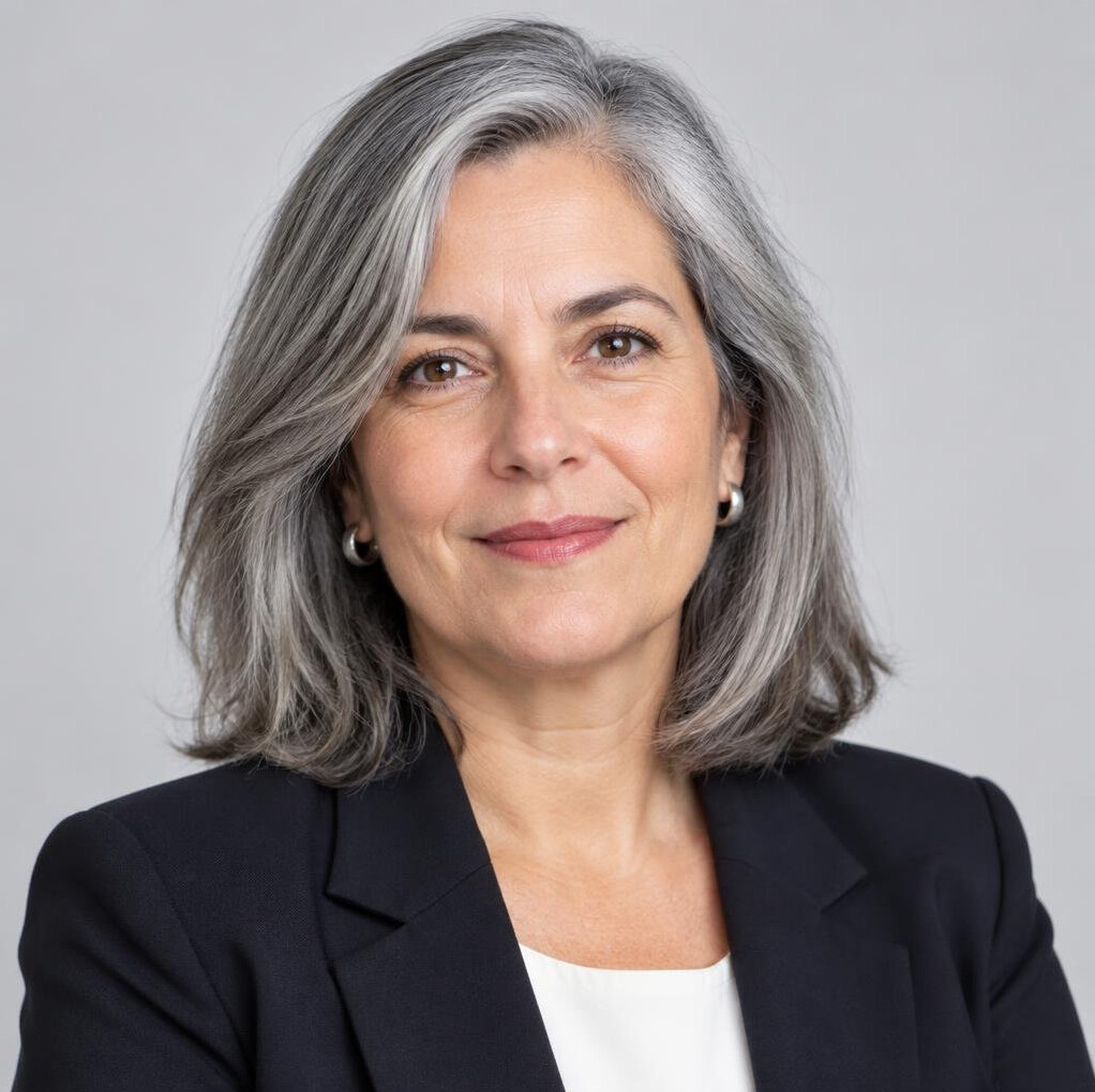 Studio portrait of a Portuguese woman editor in her fifties