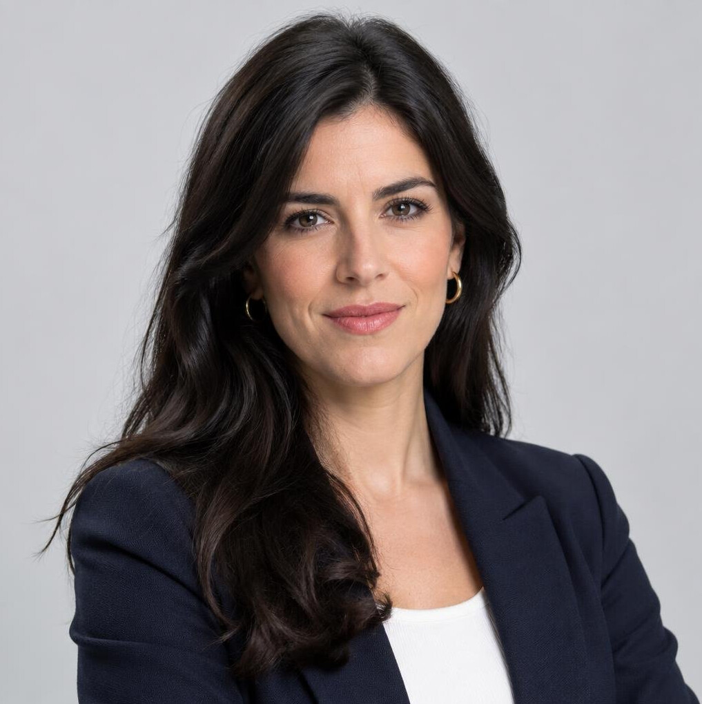 Studio portrait of a Portuguese woman journalist in her thirties