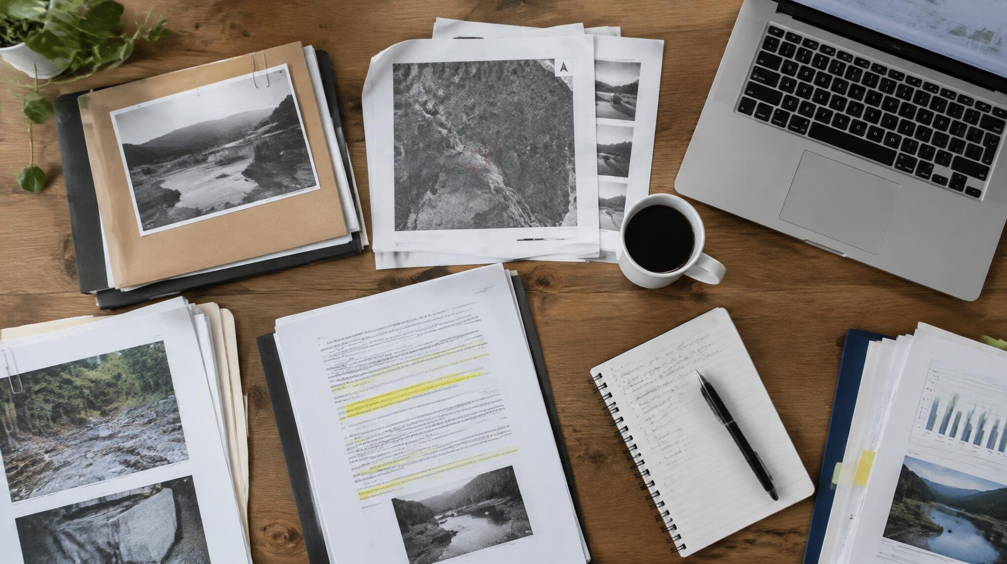 Desk covered with printed documents, folders and a laptop during research